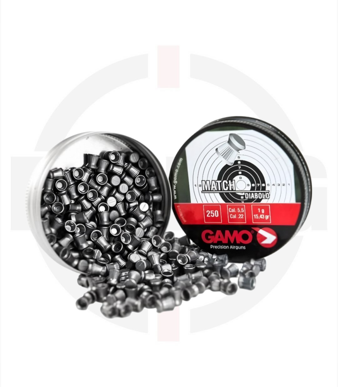 رش GAMO Match Diabolo – عيار 5.5 مم (.22) – علبة 250 طلقة علبة رش GAMO Match Diabolo عيار 5.5 مم – 250 طلقة – رأس مسطح للتدريب والمنافسات من فراج